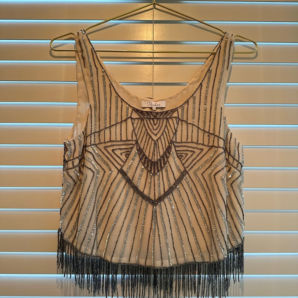 Parker Cream Silver Beaded Fringe Blouse